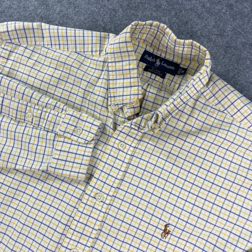 Ralph Lauren Blake Mens Shirt M Off-White, Yellow, Blue Plaid Cotton Long Sleeve